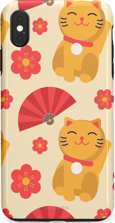 Casetastic hoesje geschikt voor Apple iPhone XS Max - Dubbellaagse bescherming - Japanse Poezenvreugde - Lucky Cats - Fashion Case - Crème Koraal Goud