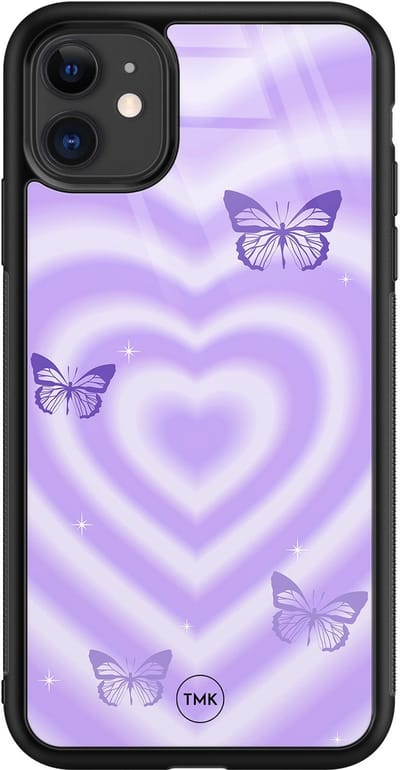 Hoesje geschikt voor Apple iPhone 11 - Vlinders retro paars - Paars - TPU luxe case (glossy toplaag) - Print - Hardcase backcover zwart
