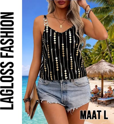 LaGloss® Luxe Zwart Gouden Tanktop Blouse met Geometrische Print en Goud Metalen Kettingbandjes – Lente/Zomer/Herfst – Casual – Maat L