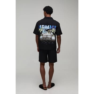 Homme Racing Back Print Oversized Shirt & Short Set | Black | Size XS