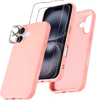 Hoesje Geschikt voor iPhone 16 Plus – Zacht siliconen liquid backcover met 2x screenprotectors gehard glas en 1x lens protector – Licht Roze