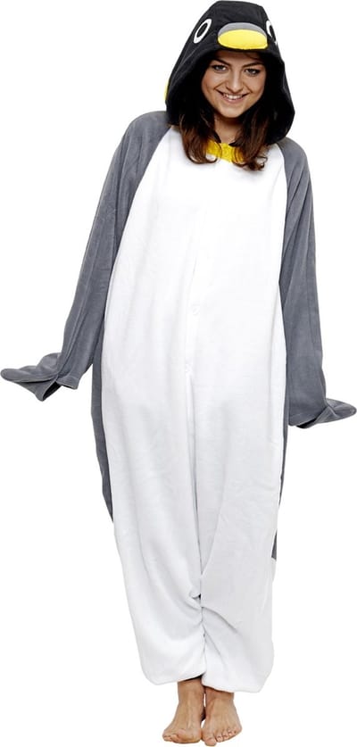 KIMU® Onesie Grijze Pinguin Pak - Maat XS-S of 152-158 - Pinguinpak Kostuum Grijs - Jumpsuit Zacht Huispak Dames Heren Festival