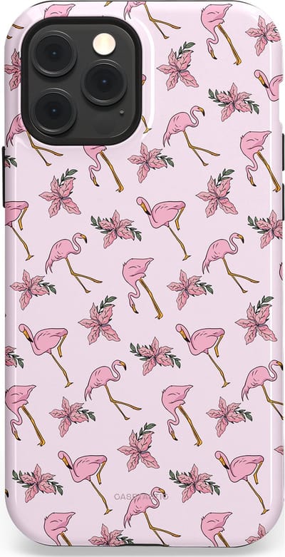 Casetastic hoesje geschikt voor Apple iPhone 12 / Apple iPhone 12 Pro - MagSafe - Dubbellaagse bescherming - Tropisch Roze Flamigo Bloemen Paradijs - Fashion Case - Lichtgrijs Wit Lichtroze