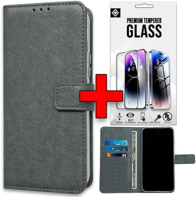 Casemania Hoesje & Glas Geschikt voor Apple iPhone 16e - Grijs - Portemonnee Book Case - Glazen Screenprotector