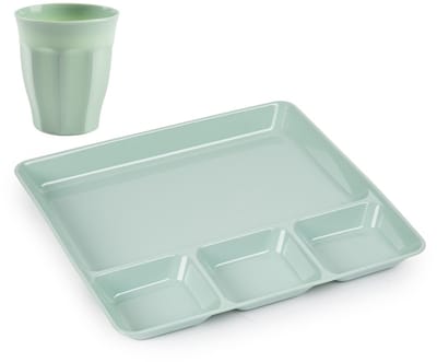 Plasticforte Vakjesborden 4x - met bekers 4x - groen - kunststof - gourmetborden - bbq borden - servies