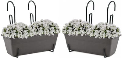 Plasticforte plantenbakken Balcony - 2x stuks - antraciet - rechthoek - met twee ophangbeugels - 40 x 18 x 15 cm - kunststof - bloembakken