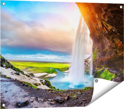 Gards Tuinposter Waterval van een Klif bij Zonsondergang - 80x60 cm - Tuindoek - Tuindecoratie - Wanddecoratie buiten - Tuinschilderij
