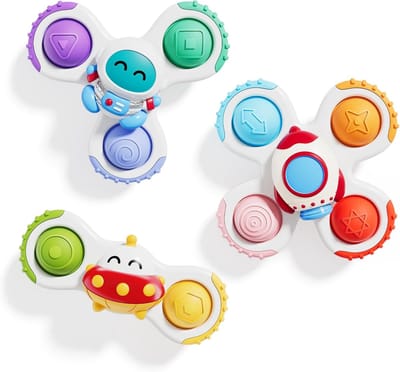 3 Stuks Ruimte Zuignap Spinner Speelgoed voor Baby - Astronaut Raket UFO Zintuiglijk Fidget Speelgoed - Montessori Pop It Siliconen Bijtspeelgoed - Peuter Bad Eetstoel Raam Reisspeelgoed 1-3 Jaar