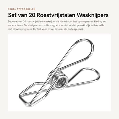 Dailygoods - Set van 20 Roestvrijstalen Wasknijpers voor Kleding