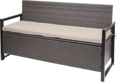 Poly-rattan 3-zitsbank MCW-F39, tuinbank kistbank, opbergvak opbergkussens zitting ~ grijs-gemêleerd, kussens beige