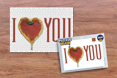Puzzel Ik hou van je in rode letters en een pizza in de vorm van een hart - Legpuzzel - Puzzel 500 stukjes