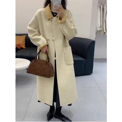 Retro Contrastkraag, Leeftijdsverlagend Temperament, Koreaanse Stijl Dubbelzijdige Kasjmier Jas voor Dames, Lange Over-de-knie Modieuze Wollen Verdikte Jas M
