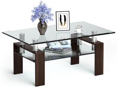 COSTWAY Salontafel van glas, woonkamertafel met onderste plank, glazen tafel met metalen frame, salontafel, salontafel, salontafel, clubtafel, bijzettafel, opbergtafel voor de woonkamer en kantoor