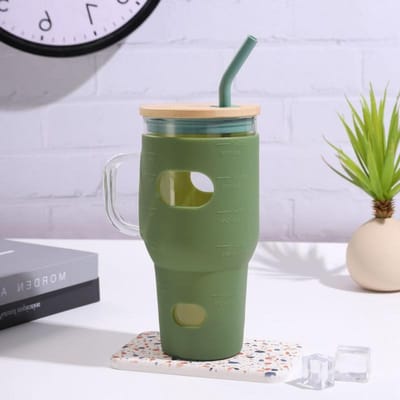 Bouteille d'eau en verre 32oz, Tambour en verre avec couvercle et paille, Housse en silicone, Verre réutilisable et Tasse à café glacé avec marqueur de temps 32oz gray