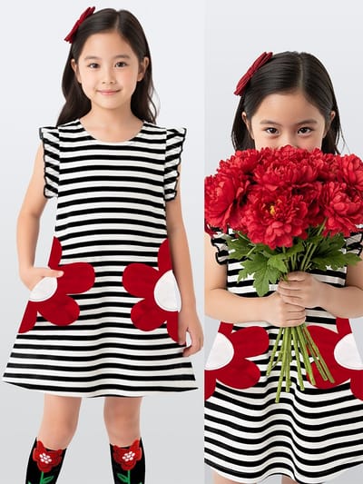 Denokids CFF-26Y1-009 Zwart Wit Meisjes Jurk Strepen Bloemenprint 98