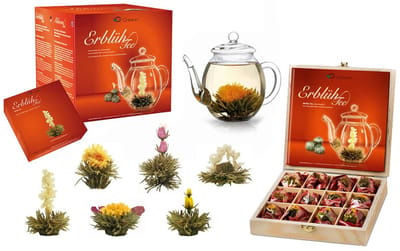 Creano Theebloemen Mix - Cadeauset Bloementhee met Glazen Theepot & 6 Theebloemen + 12 Theerozen in Houten Theekist in 6 Soorten - Witte Thee