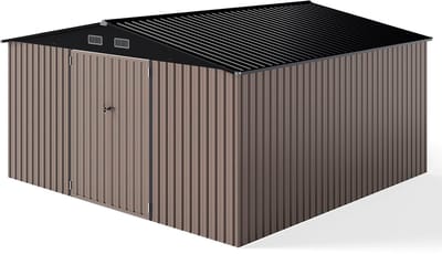 COSTWAY Tuinhuis van metaal, 350 x 350 x 198 cm, schuur met schuin dak en 4 ventilatieopeningen, afsluitbaar, metalen tuinschuur, incl. 2 paar handschoenen