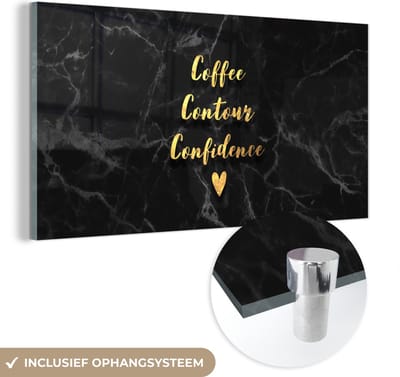 MuchoWow® Glasschilderij 40x20 cm - Schilderij acrylglas - Quote - Koffie - Goud - Marmer - Foto op glas - Schilderijen