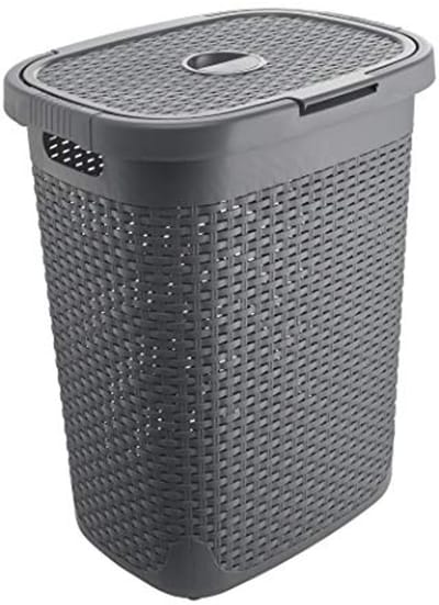 Faux Rotan 50 Liter Wasmand met Deksel - Houtskoolgrijs