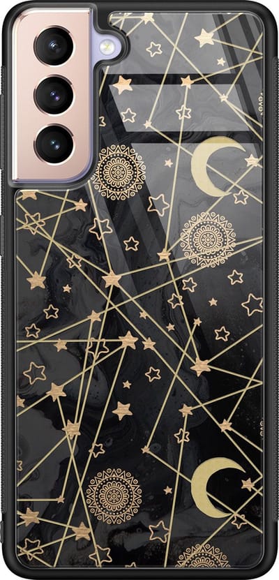 Hoesje geschikt voor Samsung Galaxy S21 - Sterren, zon, maan - Luxe Glazen Hardcase - Sterren - Zwart, Goud