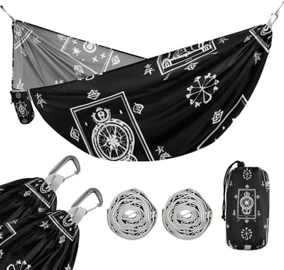 Kampeerhangmat - Hangmat voor buiten - Ontspannen in de natuur - Met opbergvakje - 290 x 138 cm - Gothic zwart