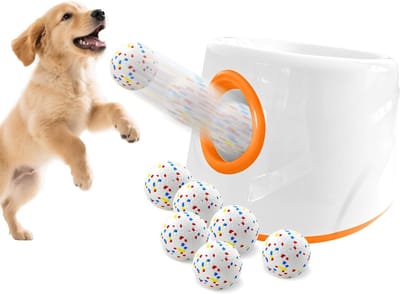 TIM® Ballenwerper Voor Honden - Ballenwerper - Hondenspeelgoed - Met 6 Ballen - ‎Wit /Oranje - 28cm x 19cm x 28cm
