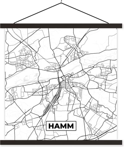 Posterhanger incl. Poster 60x60 cm - Schoolplaat - Hamm - Plattegrond - Stadskaart - Kaart - Textielposter - Zwarte latten - Stadskaart