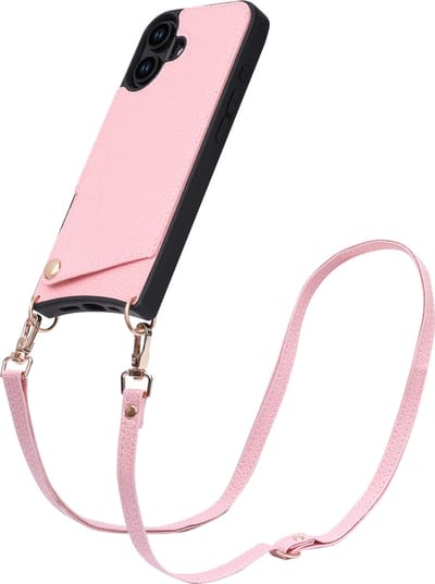 Casemania Hoesje Geschikt voor Apple iPhone 16 - Back Cover met Draagkoord - Pasjeshouder Hoes met Bandje - Crossbody Telefoonhoesje - Lanyard Case - Roze