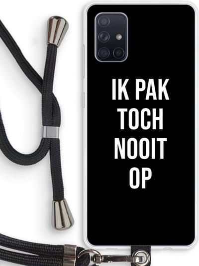 Case Company® - Hoesje met koord geschikt voor Samsung Galaxy A71 hoesje met Koord - Ik pak nooit op - Zwart - Telefoonhoesje met Zwart Koord - Bescherming aan alle Kanten en Over de Schermrand