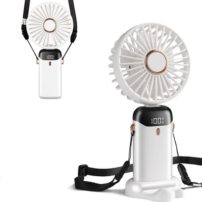 Verpakking van 1 stuk - Handventilator - Opvouwbare ventilator - Tafelventilator - 5 instelbare snelheden - LED-display - Oplaadbaar/netstroom - Geluidsarm - Draagbaar - Geschikt voor thuis, kantoor, school, buiten en op reis - 188*90*46 mm - Wit
