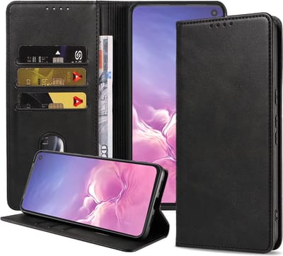 Smartphonica Samsung Galaxy S10E kunstleren hoesje met magnetische sluiting en pashouders book case - zwart geschikt voor Samsung Galaxy S10E