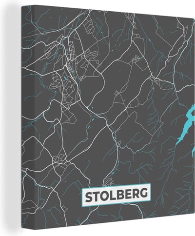 Canvas Schilderij Blauw – Duitsland – Plattegrond – Stadskaart – Kaart – Stolberg - 20x20 cm - Wanddecoratie