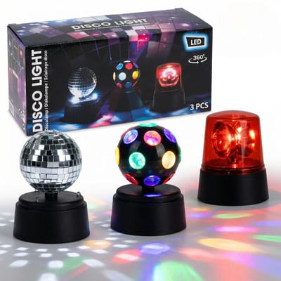 Dailygoods- LED-Partylichtset - Roterend Discoeffect - Spiegelreflex - Waarschuwingslicht - 3-delige Set - Werkt op Batterijen - Discolampen