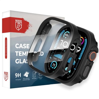 Rosso Tempered Glass met Hoesje Geschikt voor Apple Watch Ultra 3/2/1 - Screen Protector met Ingebouwde Bumper Case - Full Protect - Zwart