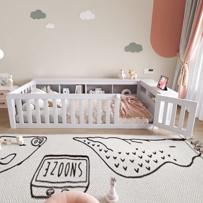 Kinderbed 90x200cm - met opbergruimte - met veiligheidsbeveiliging en klein deurtje - met lattenbodem - wit - zonder matras