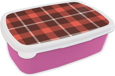 Broodtrommel Roze - Lunchbox - Brooddoos - Schotse ruit - Plaid - Rood - Patronen - 18x12x6 cm - Kinderen - Meisje