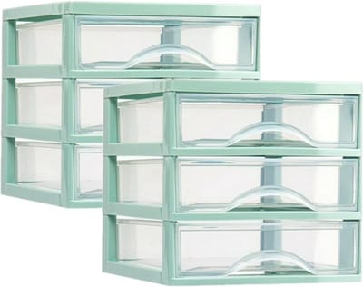 Plasticforte ladeblokje - bureau organizer - 2x - met 3 lades - transparant/groen - L18 x B21 x H17 cm - kunststof