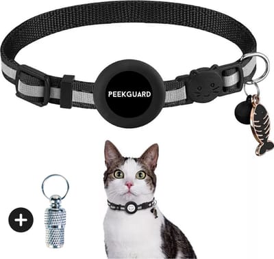 PEEKGUARD® Halsband voor katten - Kattenhalsband geschikt voor Apple AirTag - Kattenbandje Reflecterend en Comfortabel - Veiligheidssluiting en Waterbestendig - Halsband Kat Incl. Adreskoker - Zwart
