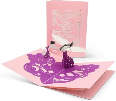 SnelShoppen - Geboorte Felicitatiekaart met Extra Pagina voor Groeten - Hoge Kwaliteit Kaart voor Meisjes - Paarse 3D Pop Up Geboorte Kaart met Ooieva