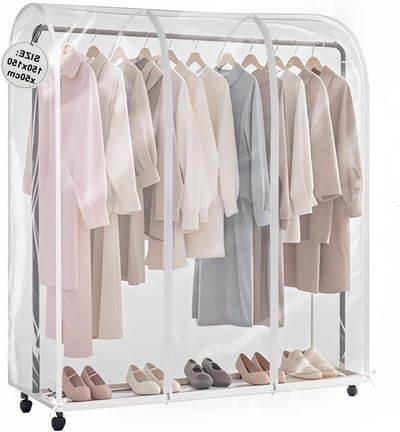 Beschermhoes voor kledingstand, 150 x 150 x 50 cm, transparante plastic hoes, stofbescherming, met 2 ritsen, ideaal voor kledingopslag en anti-stof bescherming