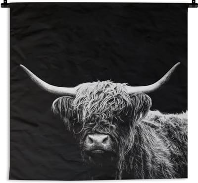 Wandkleed - Wanddoek - Schotse Hooglander - Koe - Zwart - Wit - Dieren - 120x120 cm - Wandtapijt