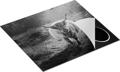 Chefcare Inductie Beschermer Schotse Hooglander in de Bossen - Zwart Wit - 60x50 cm - Afdekplaat Inductie - Kookplaat Beschermer - Inductie Mat