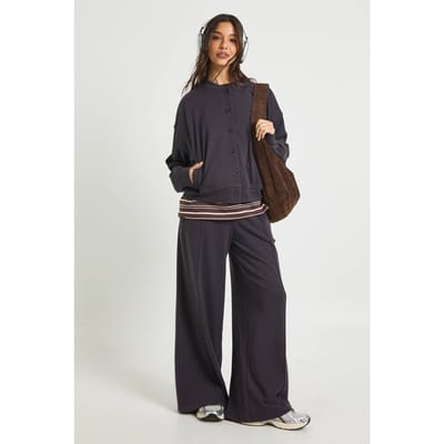 boohoo Dames Geribbeld Cardigan Trainingspak | Houtskool | Maat: Large