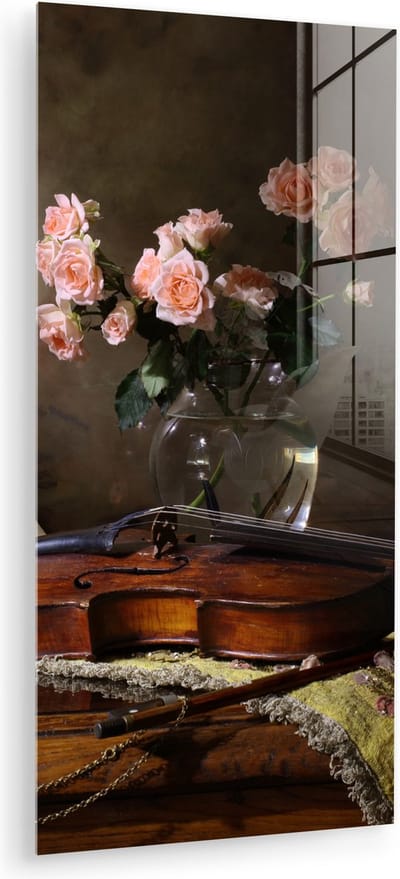 MuchoWow® Glasschilderij 60x120 cm - Schilderij acrylglas - Viool - Rozen - Roze - Bloemen - Stilleven - Foto op glas - Muurdecoratie woonkamer - Wanddecoratie slaapkamer - Schilderijen