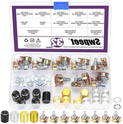 32-delige set met 8 typen potentiometers van 5K tot 1M Ohm met split shaft en knoppen, inclusief moeren en ringen