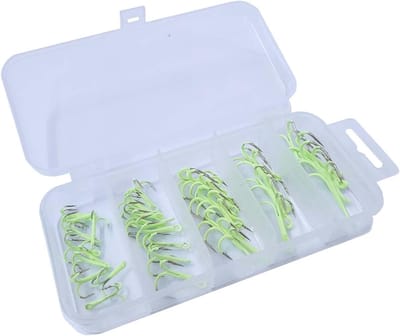 JHUBERS- Treble Haken 40 Stuks - Lichtgevende Vishaak - Hoog Koolstofstaal - Organizer Box - Nachtvissen - Zoutwater Visgerei - 13.3 X 6.2 X 2.5cm