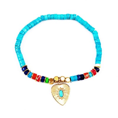 Dottilove Elastische Dames Armband Turkoois Natuursteen - Hart Hanger + Cadeauzakje