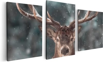 Artaza Canvas Schilderij Drieluik Hertenkop - Hert In De Sneeuw  - 120x60 - Foto Op Canvas - Canvas Print
