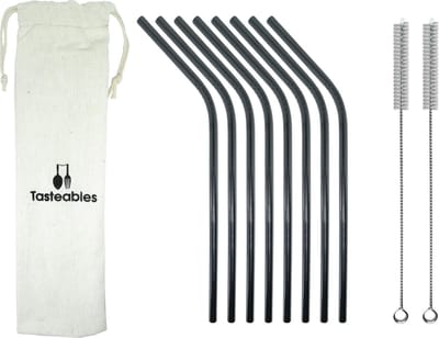 RVS Rietjes Gebogen - Cocktail Rietjes - Tasteables - Set van 8 - Herbruikbaar - Reinigingsborstel - 210mm lengte - Zwart