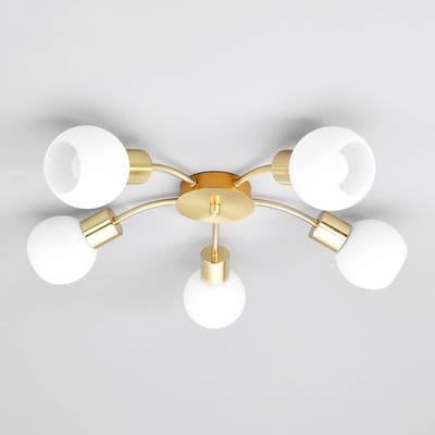 Lindby - plafondlamp - 5lichts - Metaal, glas - H: 16 cm - E14 - messing, opaal wit
